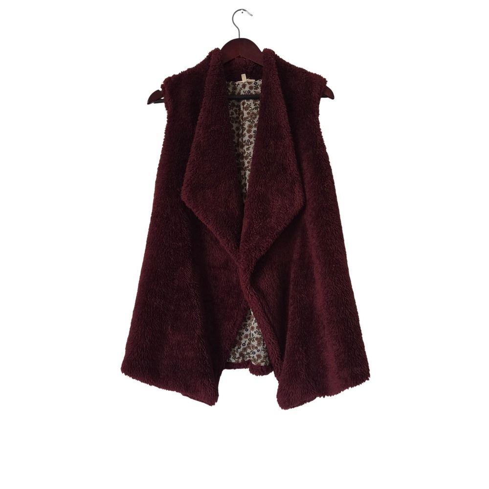 Mystree Burgundy Faux Fur Draped Open Front Vest Floral Lining Sz M Western Boho
